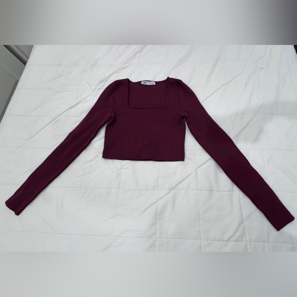 Zara Deep Red Square Neck Long Sleeve Crop Top